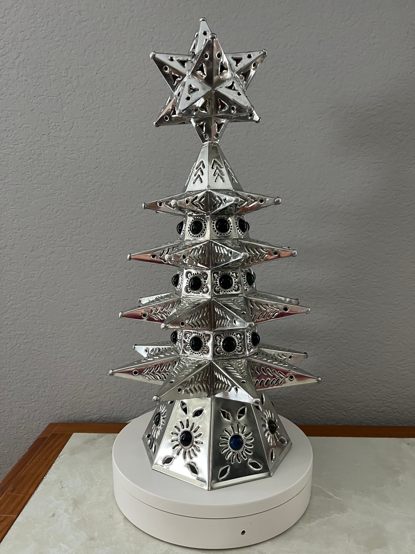 Pre-Lit Punched Metal Tabletop Christmas Tree 16"