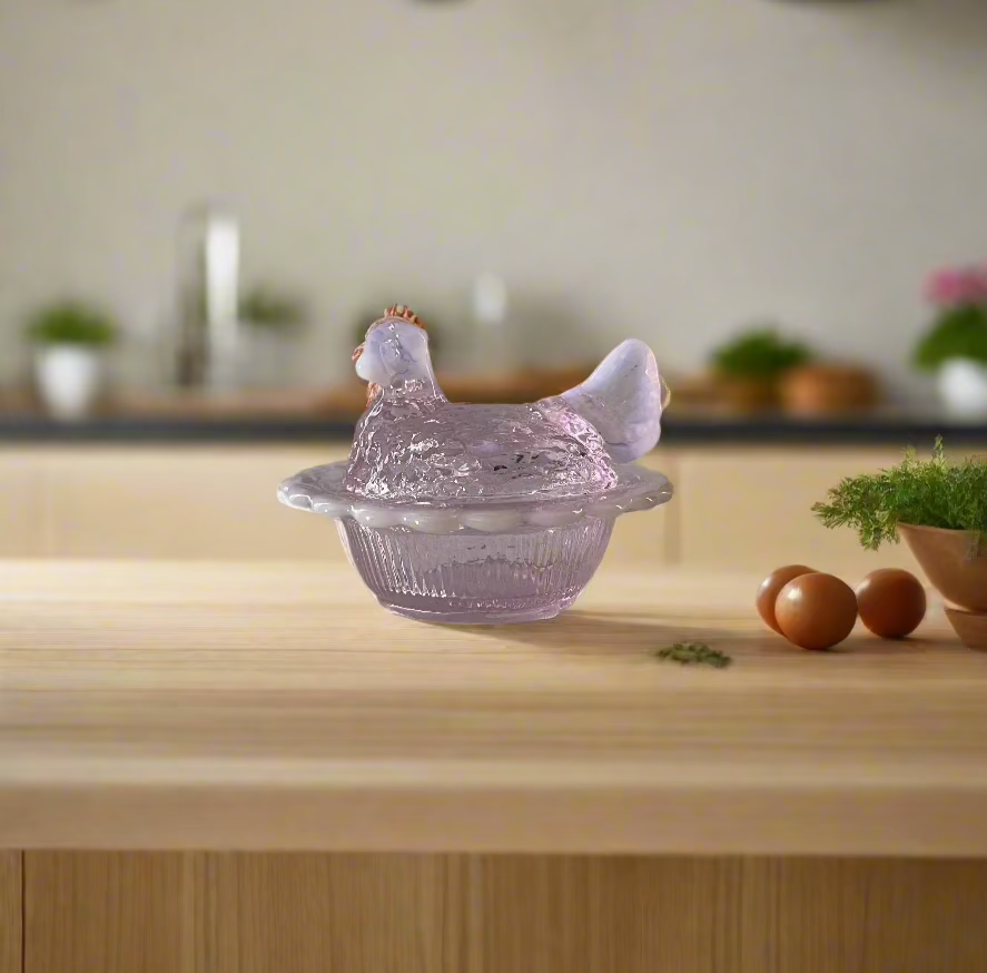 Pink Glass Mini Hen on Basket 2.75" Salt Cellar