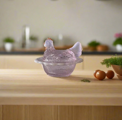 Pink Glass Mini Hen on Basket 2.75" Salt Cellar