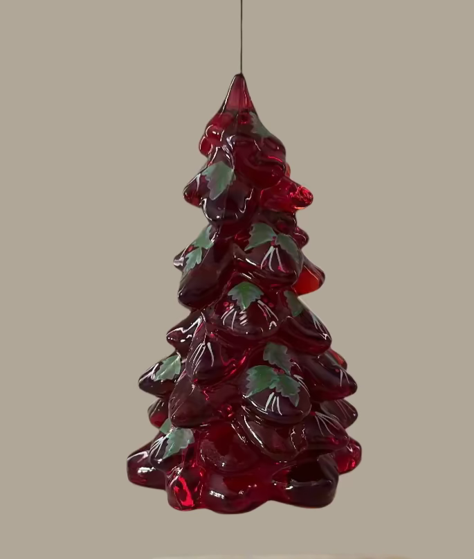 Ruby Red Glass Pine Tree with Hand Painted Holly 5.5"