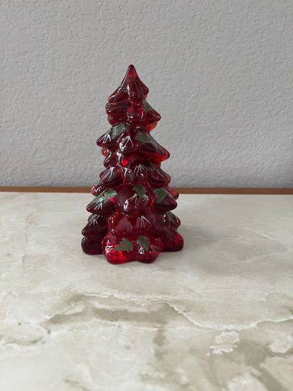 Ruby Red Glass Pine Tree with Hand Painted Holly 5.5"