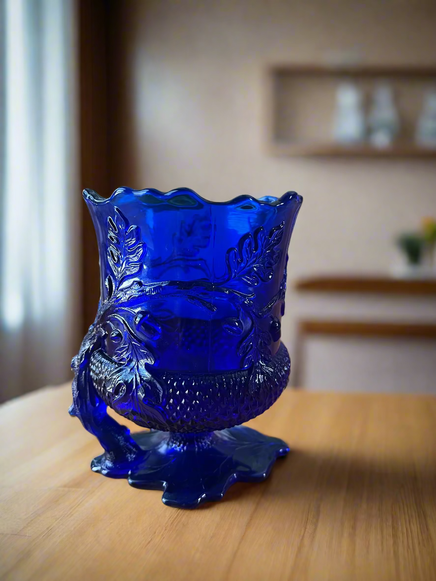 Cobalt Blue Glass Spooner Spoon Holder Acorn Pattern