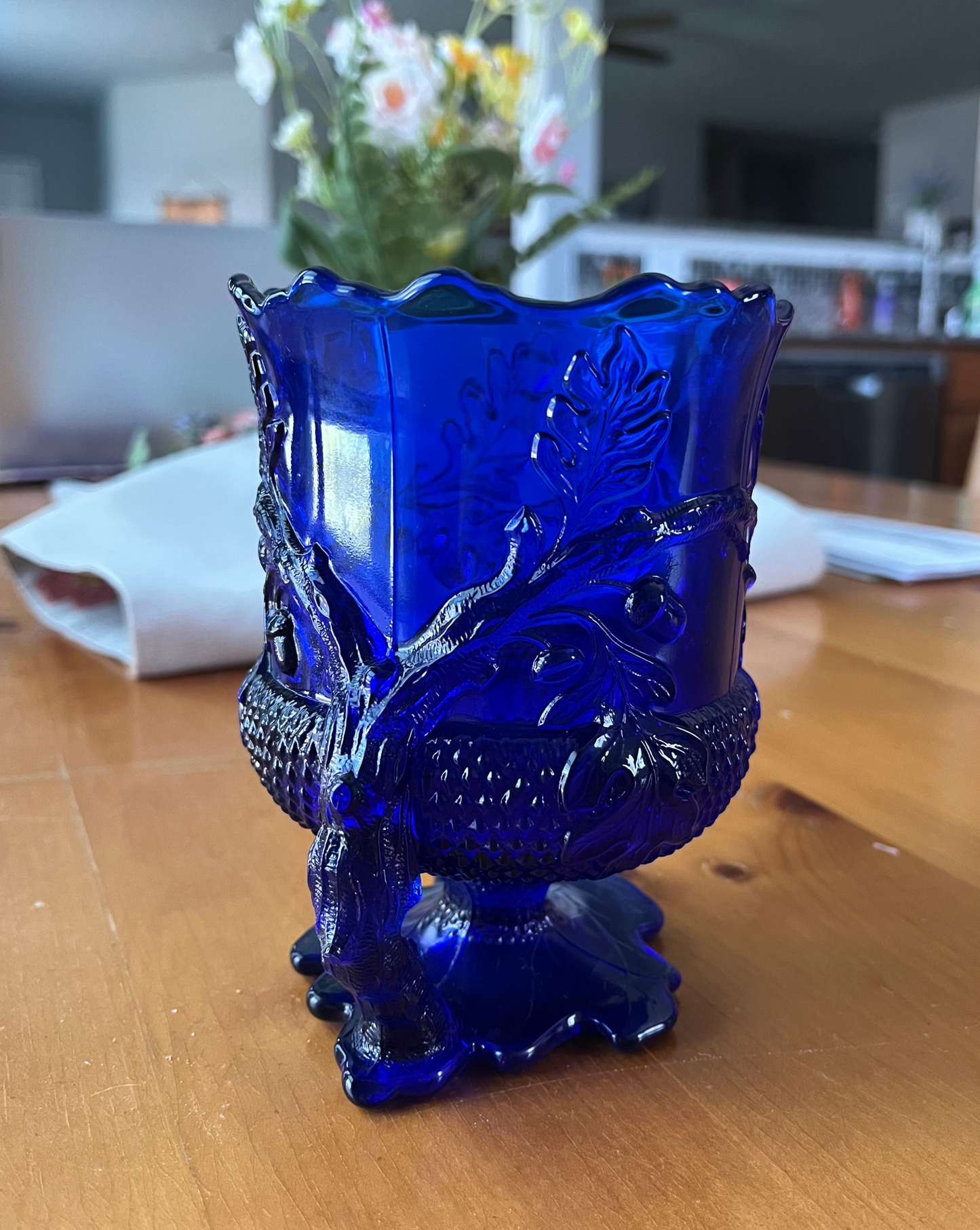 Cobalt Blue Glass Spooner Spoon Holder Acorn Pattern