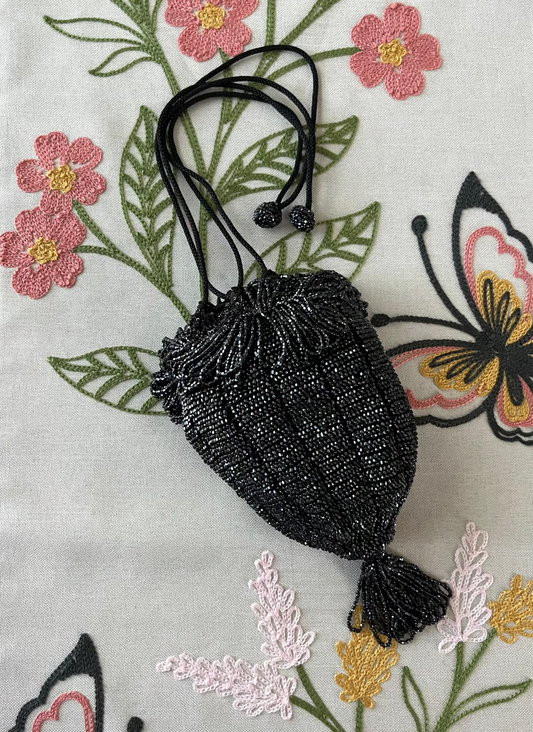 Black beaded drawstring bag 1990s