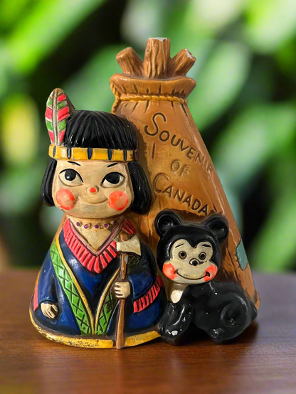 Teepee Coin Bank Girl and Bear Souvenir of Canada