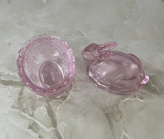 Pink Glass Bunny Rabbit On a Basket 2 Part Box
