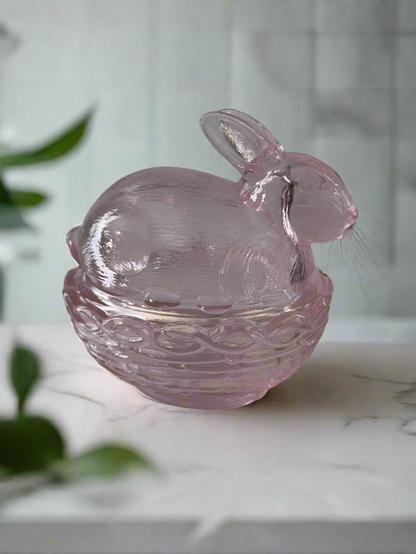 Pink Glass Bunny Rabbit On a Basket 2 Part Box