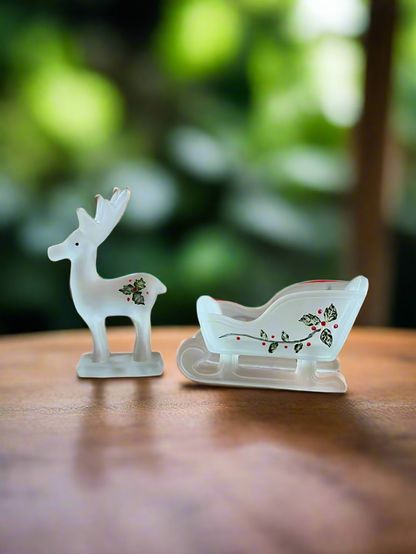 White Decorated Satin Glass Sleigh and Reindeer Mini Figurine Set