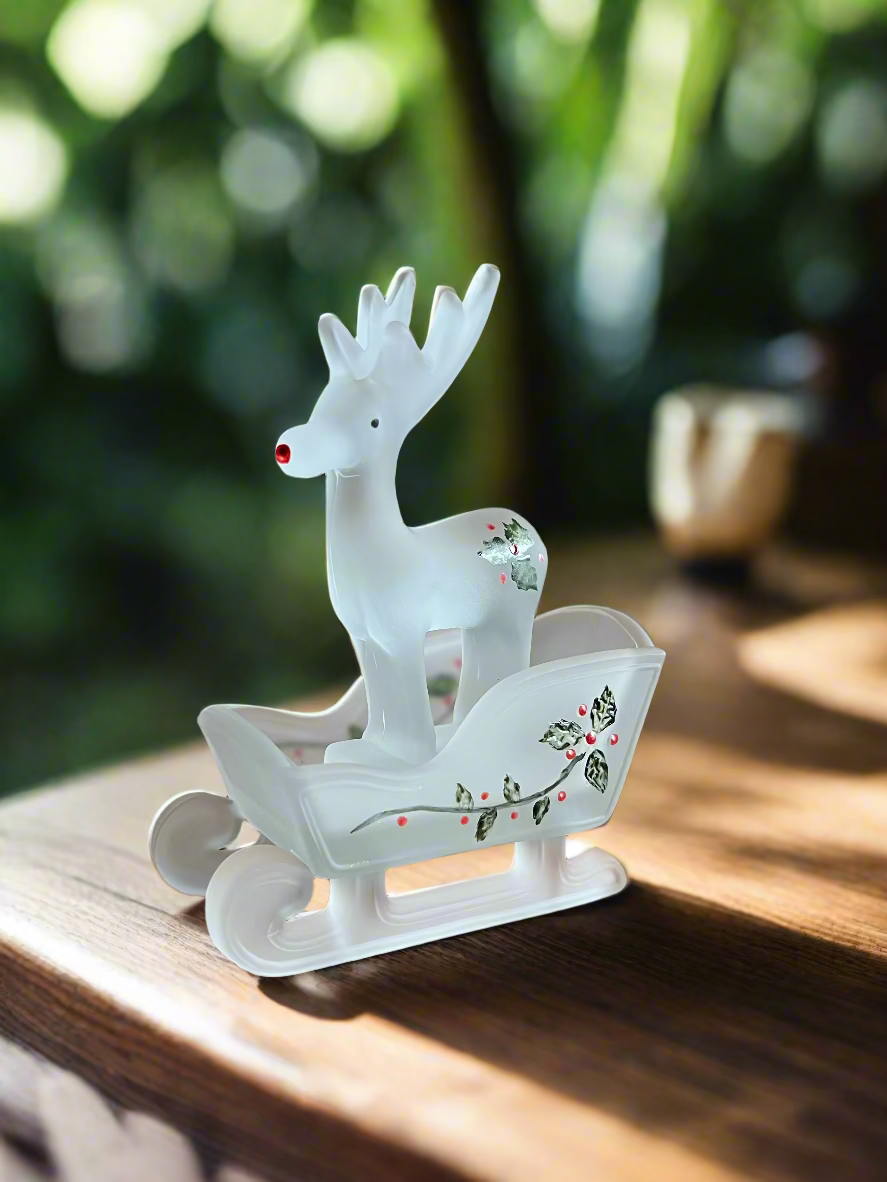 White Decorated Satin Glass Sleigh and Reindeer Mini Figurine Set