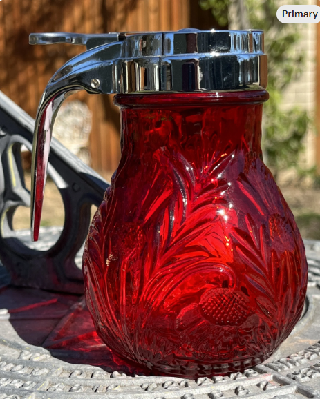 Ruby Red Glass Syrup Dispenser Thistle Pattern