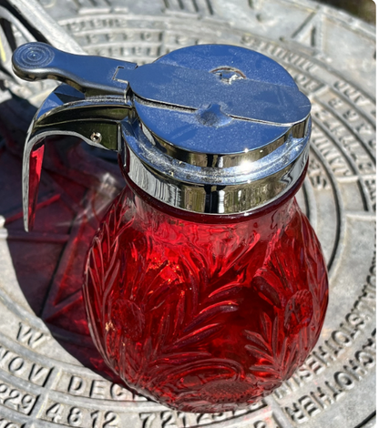 Ruby Red Glass Syrup Dispenser Thistle Pattern