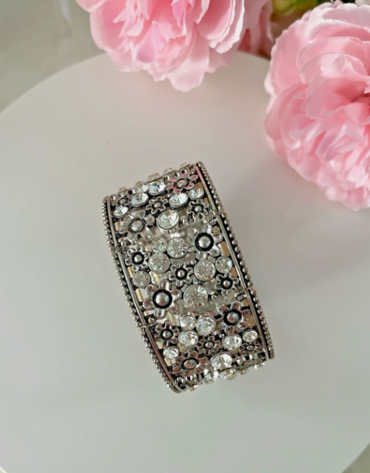 Wide Clear Crystal & Silvertone Stretch Bracelet