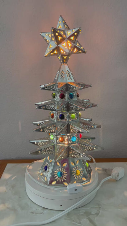 Pre-Lit Punched Metal Tabletop Christmas Tree 16"